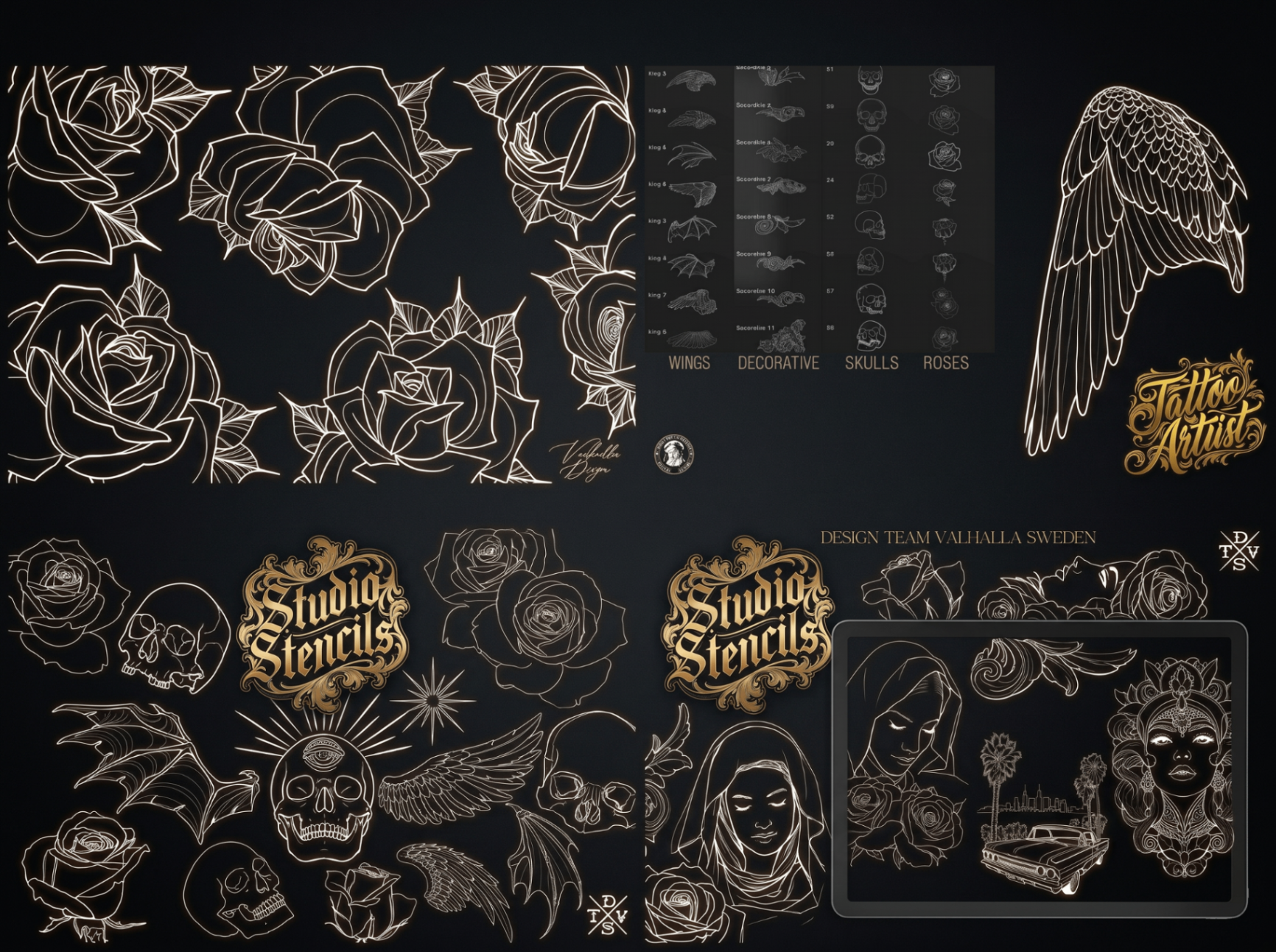Design Team Valhalla — Roses, Studio Stencils, Wings & Tattoo Artist Library