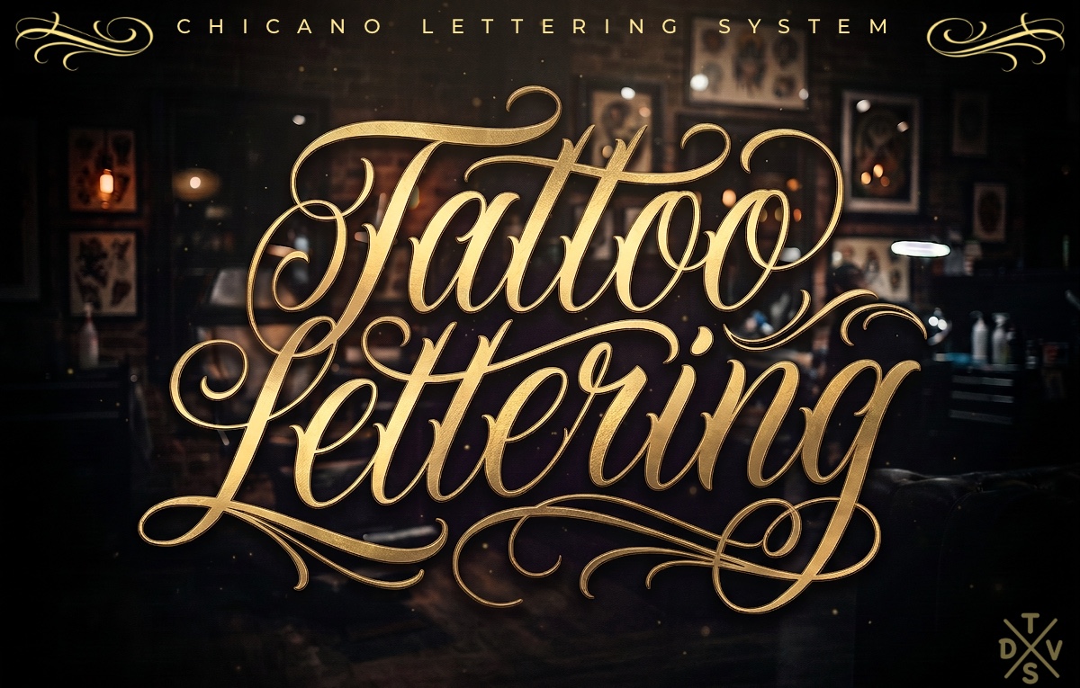 Tattoo Lettering — Chicano Lettering System, original handcrafted gold script design by Design Team Valhalla