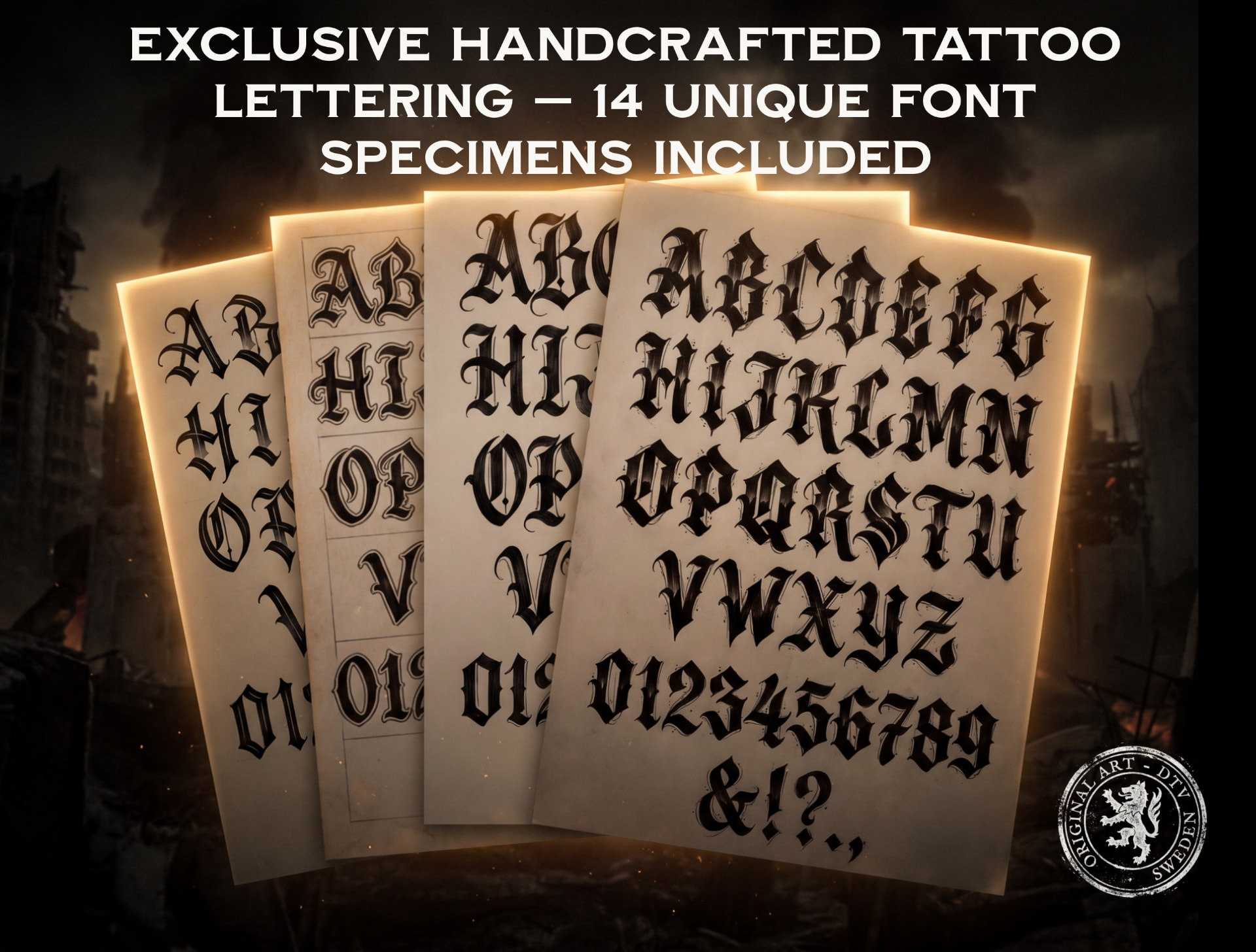 Exclusive handcrafted tattoo lettering specimens — 14 unique blackletter fonts by Design Team Valhalla